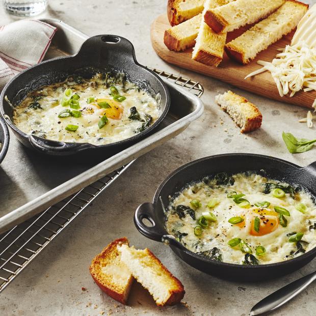 Coddled eggs, spinach and OKA cheese casserole