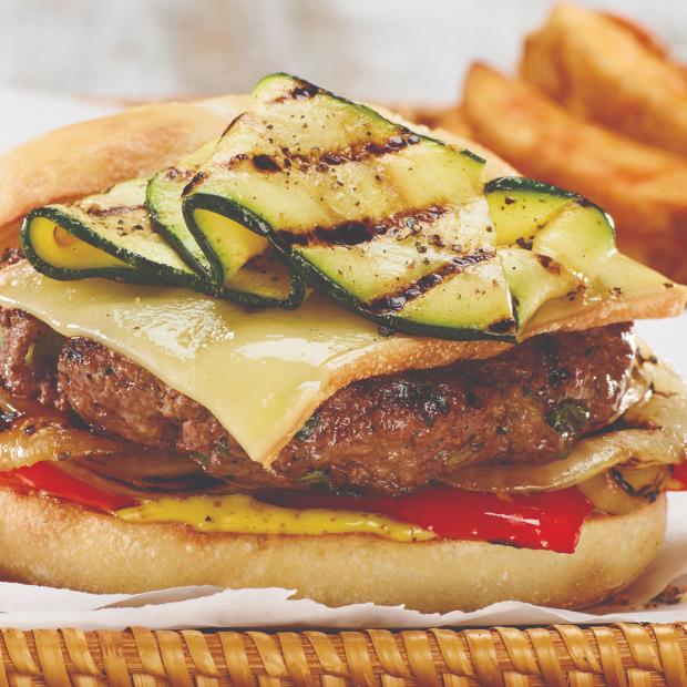 Beef Burger with Grilled Veggies and OKA Cheese
