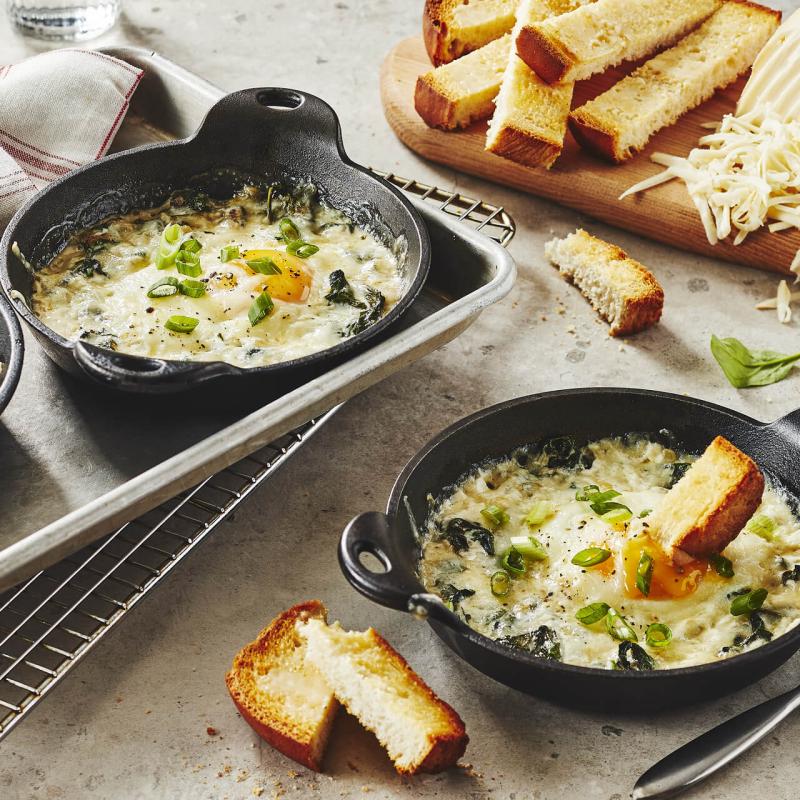 Coddled eggs, spinach and OKA cheese casserole