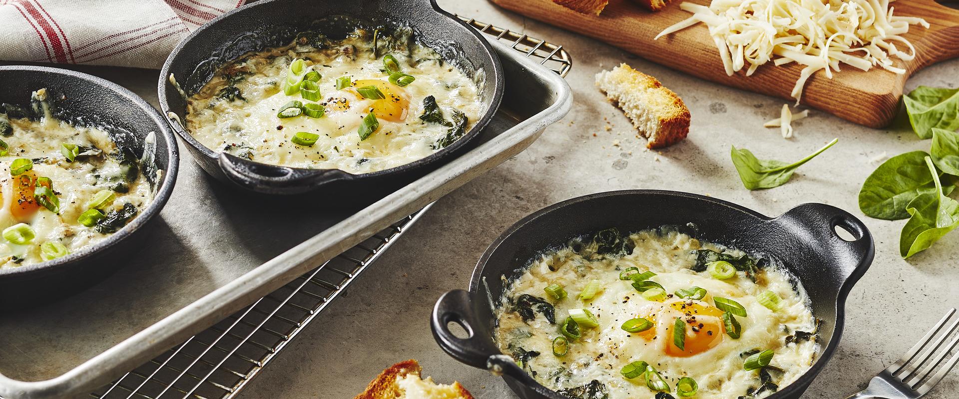 Coddled eggs, spinach and OKA cheese casserole